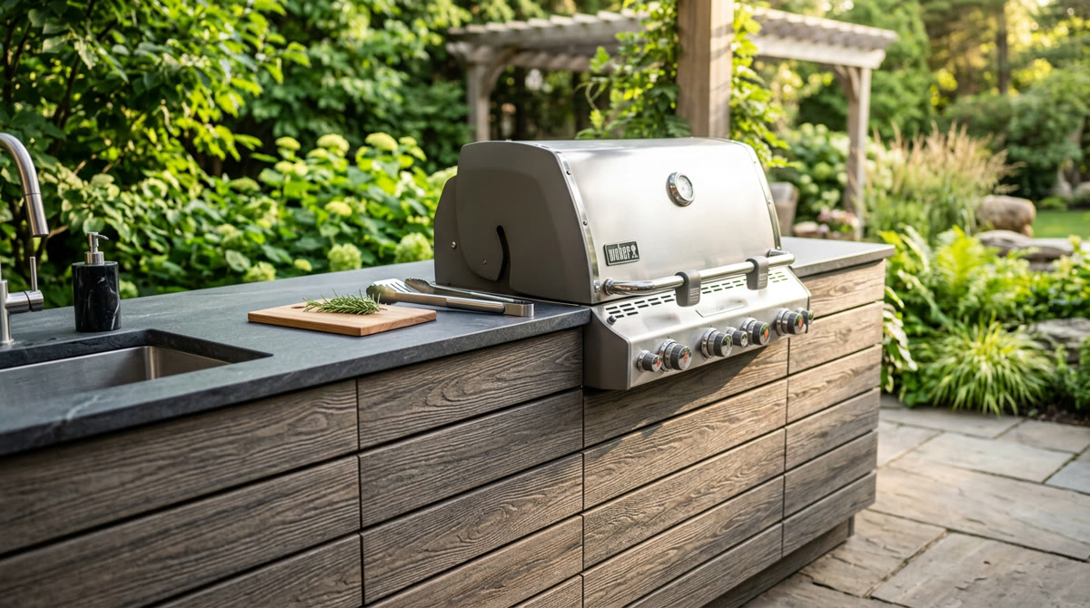 Khu BBQ ngoài trời: 5 Lưu ý thiết kế đẹp bền bỉ 2 Cận cảnh góc bàn bếp bằng gỗ nhựa composite trong khu BBQ ngoài trời