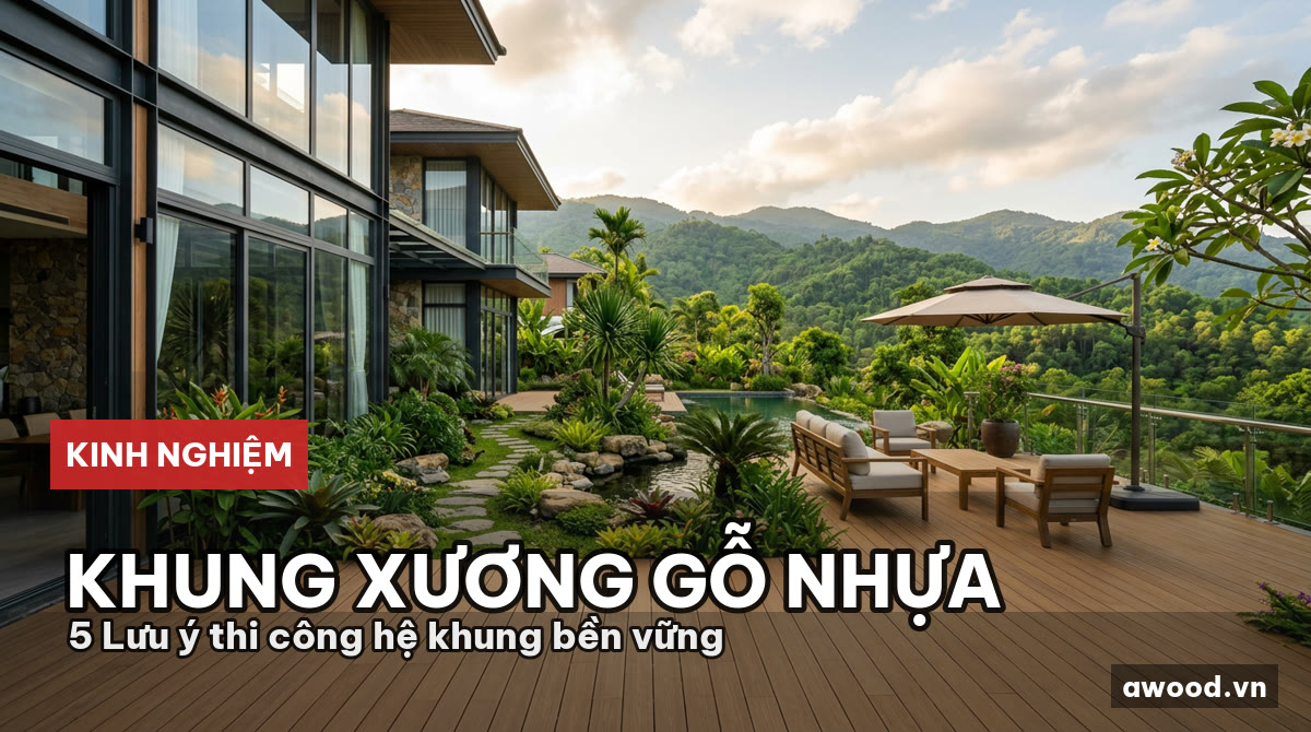 Sàn gỗ nhựa ngoài trời lót sân vườn biệt thự hiện đại đón nắng tự nhiên.