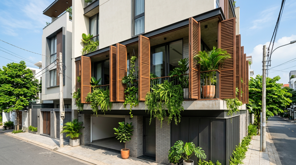Lam che nắng ban công: 5 Lưu ý thiết kế đẹp chống nóng 1 Mặt tiền nhà phố hiện đại lắp hệ lam che nắng bằng gỗ nhựa ngoài trời
