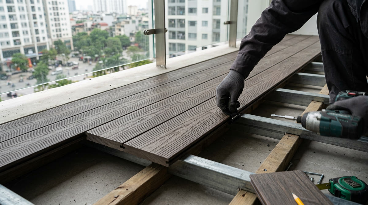 Lát sàn gỗ nhựa: 5 Lưu ý quan trọng cho ban công bền đẹp 2 Cận cảnh các bước thi công lát sàn gỗ nhựa trên hệ khung xương chắc chắn
