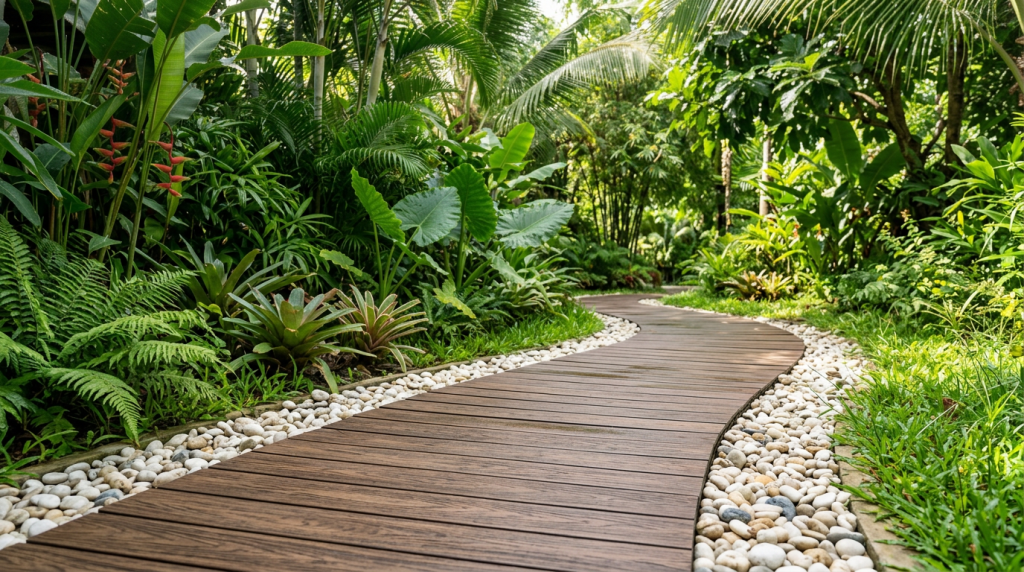 Lối đi gỗ nhựa: 5 Giải pháp kiến tạo sân vườn đẹp đẳng cấp 2 Cận cảnh bề mặt vân gỗ tinh sảo của lối đi gỗ nhựa ngoài vườn biệt thự