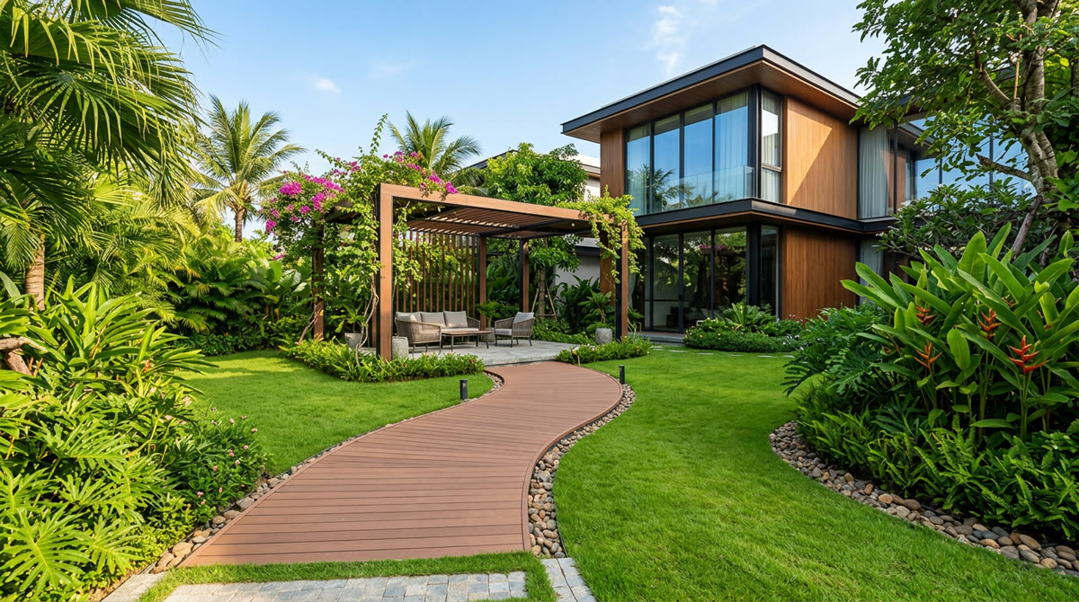 Lối đi sân vườn đẹp: 5 Bí quyết thiết kế và thi công 1 Lối đi sân vườn đẹp lát bằng sàn gỗ nhựa ngoài trời cao cấp trong khuôn viên biệt thự hiện đại
