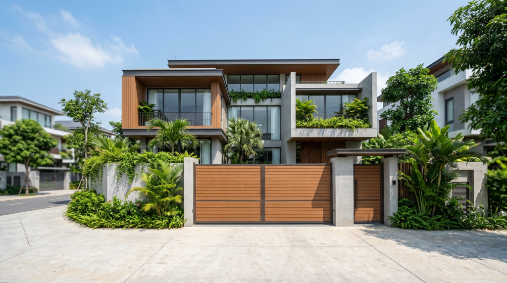 Cánh cổng biệt thự hiện đại ốp gỗ nhựa composite màu nâu ấm áp sang trọng