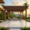Toàn cảnh giàn hoa pergola gỗ nhựa trong sân vườn biệt thự hiện đại