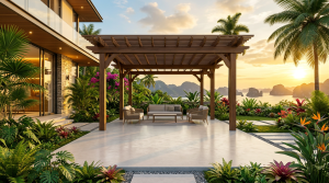 Toàn cảnh giàn hoa pergola gỗ nhựa trong sân vườn biệt thự hiện đại