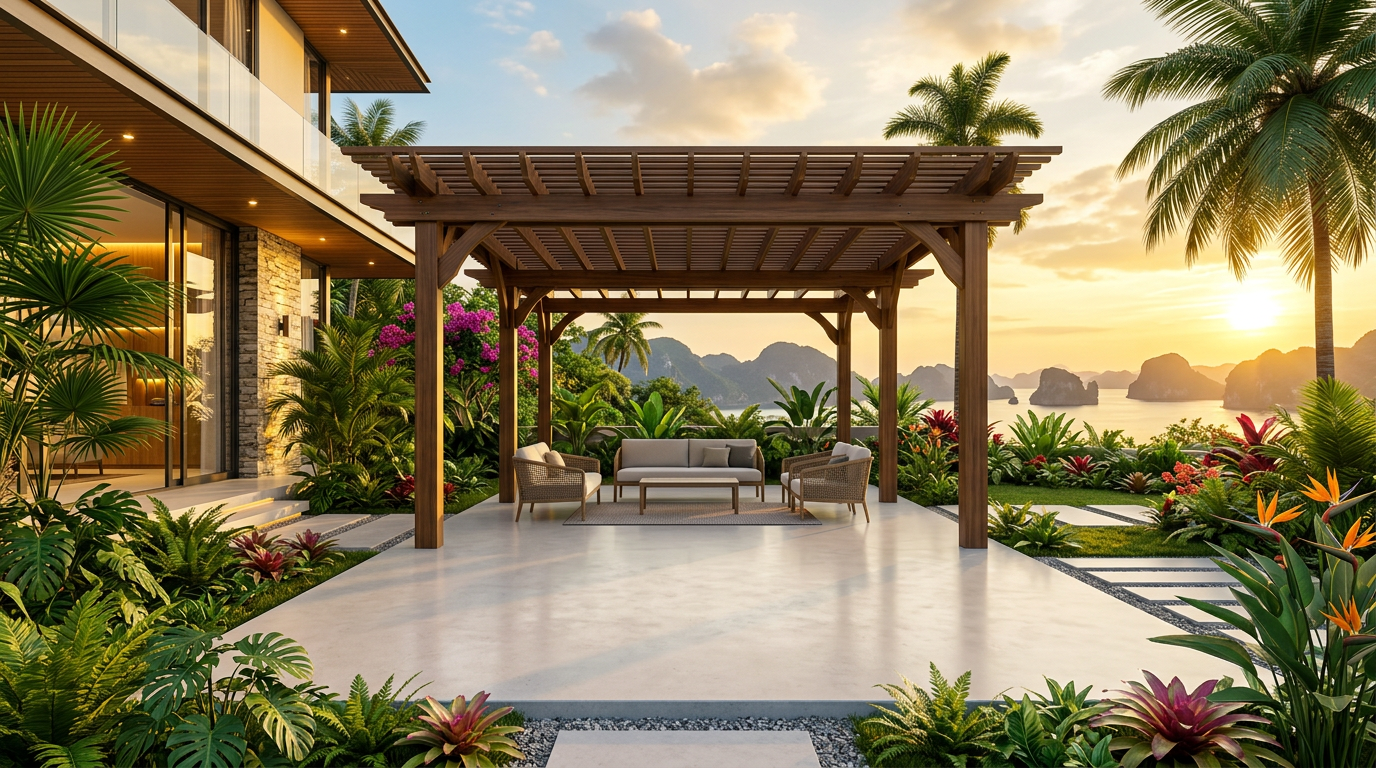 Toàn cảnh giàn hoa pergola gỗ nhựa trong sân vườn biệt thự hiện đại