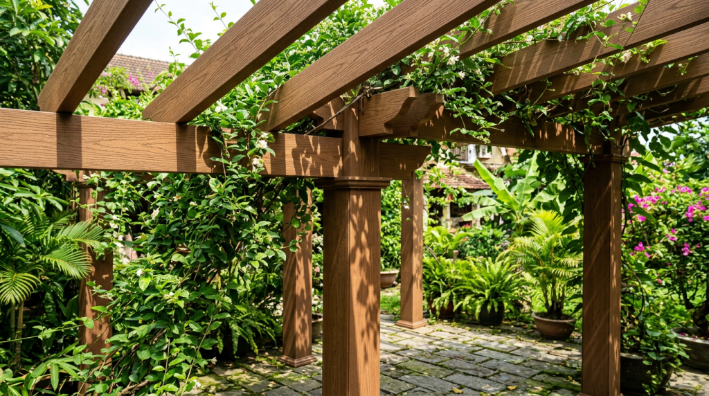 Cận cảnh các thanh lam của giàn pergola gỗ nhựa sân vườn sang trọng
