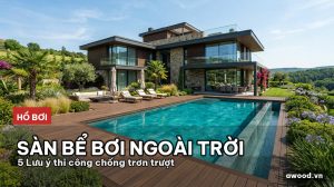 Toàn cảnh bể bơi biệt thự hiện đại lát sàn gỗ nhựa composite ngoài trời cao cấp.