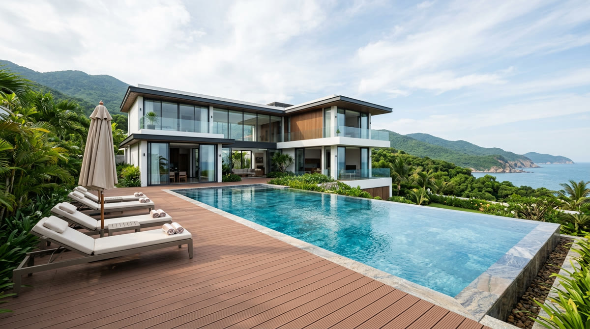 Sàn gỗ hồ bơi: 6 Tiêu chí lựa chọn sàn chống trượt 1 Toàn cảnh hồ bơi biệt thự hiện đại lát sàn gỗ nhựa composite ngoài trời dưới nắng tự nhiên