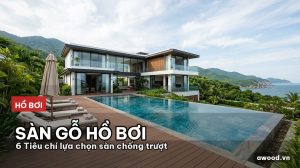 Toàn cảnh hồ bơi biệt thự hiện đại lát sàn gỗ nhựa composite ngoài trời dưới nắng tự nhiên