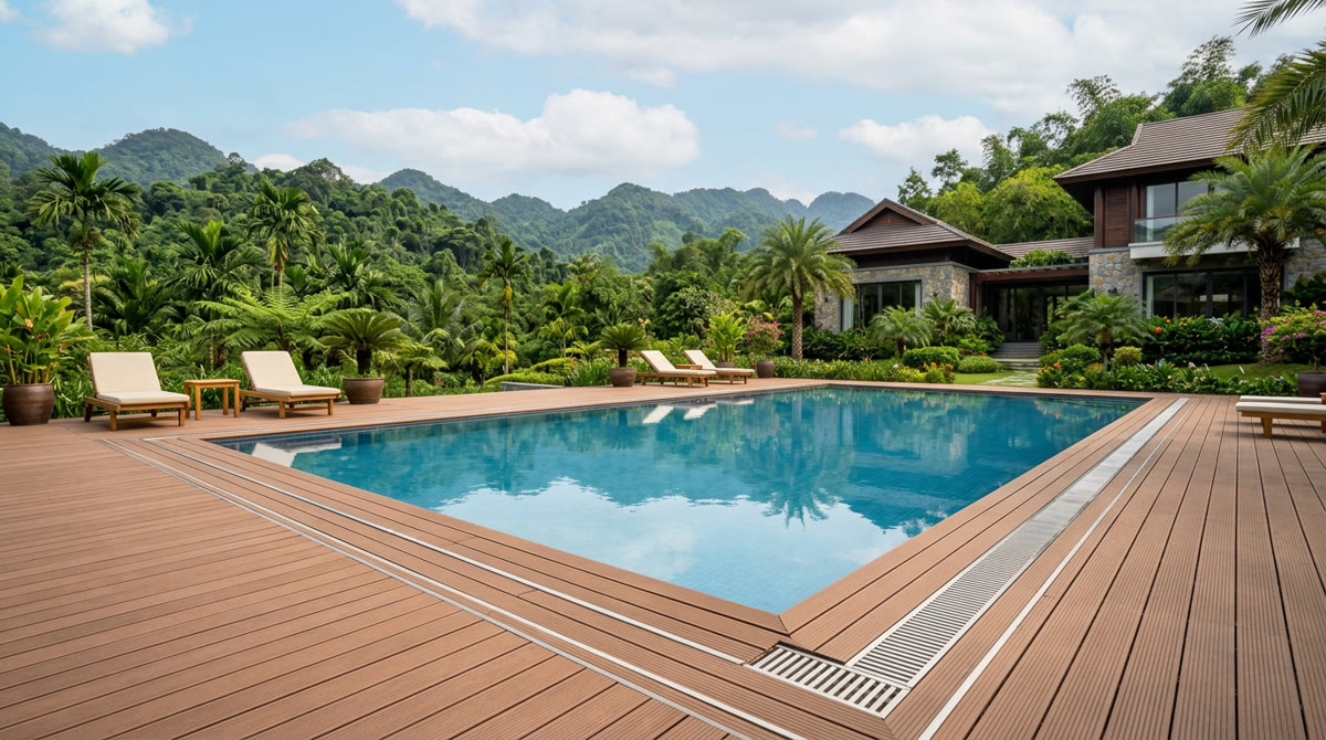 Toàn cảnh hồ bơi biệt thự hiện đại lát sàn gỗ nhựa composite ngoài trời.
