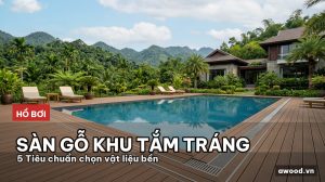 Toàn cảnh hồ bơi biệt thự hiện đại lát sàn gỗ nhựa composite ngoài trời.