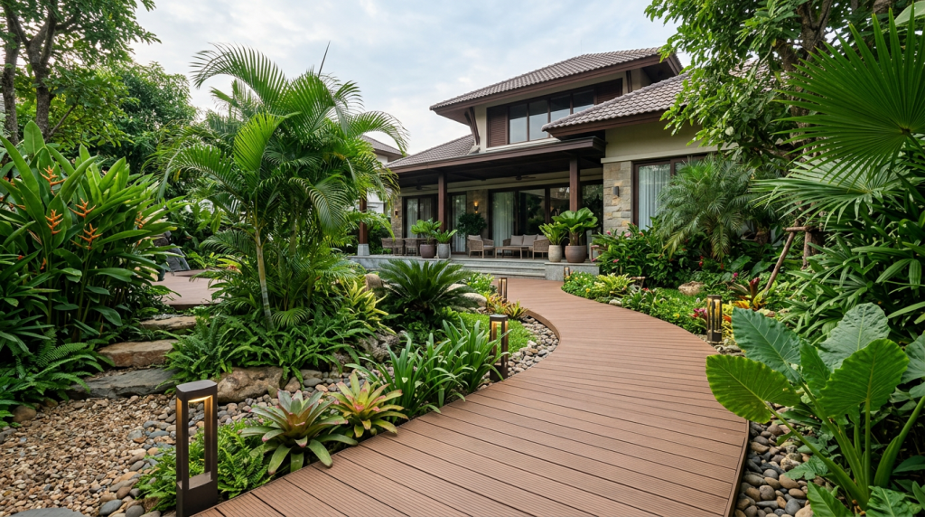 Sàn gỗ lối đi: 5 Tiêu chuẩn thiết kế sân vườn bền đẹp 1 Toàn cảnh lối đi sân vườn biệt thự lát gỗ nhựa ngoài trời hài hòa với thiên nhiên