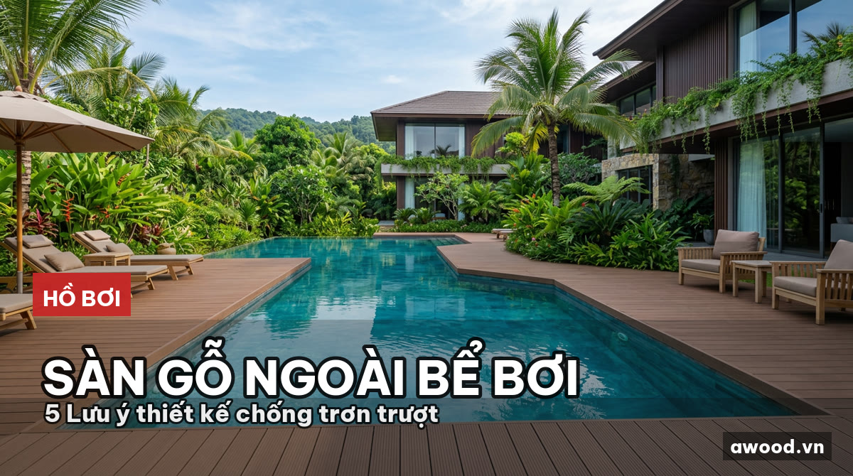 Toàn cảnh hồ bơi biệt thự hiện đại lát sàn gỗ ngoài trời sang trọng