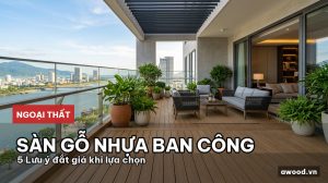 Ban công căn hộ hiện đại lát sàn gỗ nhựa màu trầm ấm áp đón nắng tự nhiên