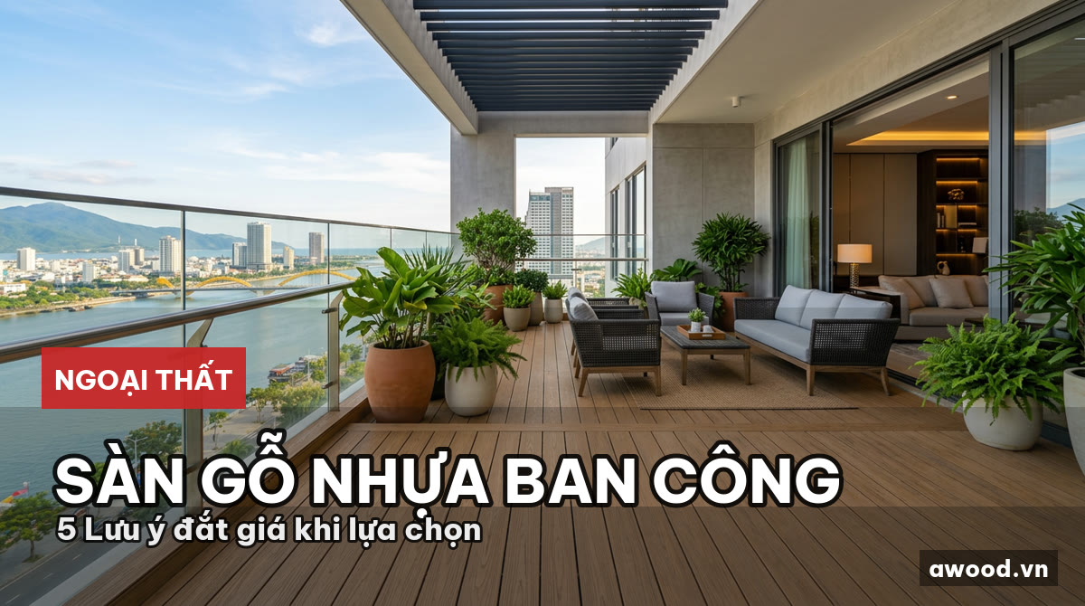 Ban công căn hộ hiện đại lát sàn gỗ nhựa màu trầm ấm áp đón nắng tự nhiên