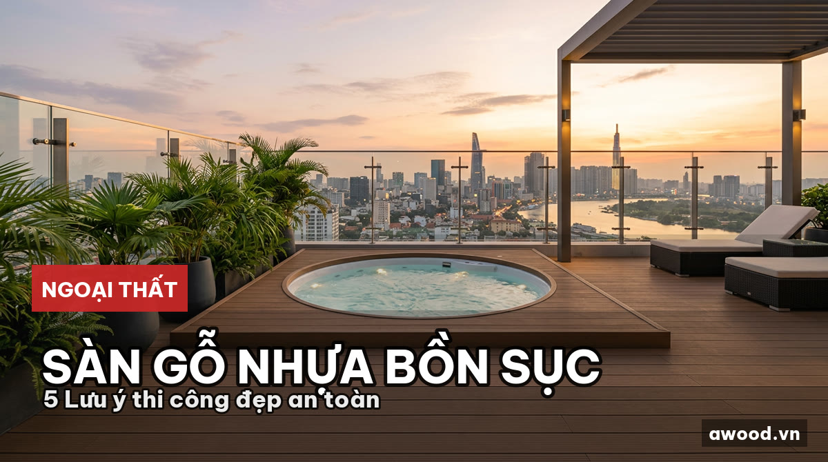 Toàn cảnh sàn gỗ nhựa composite cao cấp lót quanh bồn sục trên sân thượng penthouse