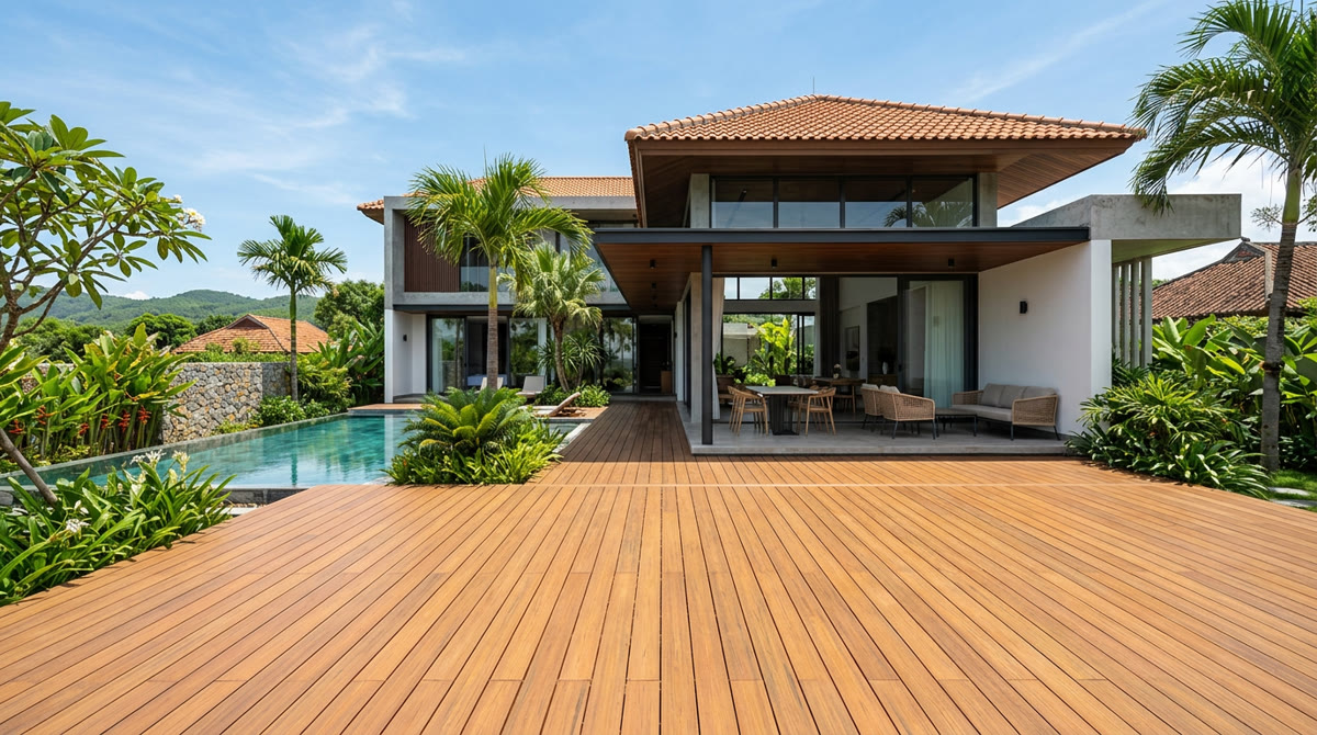 Sàn gỗ nhựa hiên nhà: 5 Lưu ý thi công đẹp hoàn hảo 1 Sàn gỗ nhựa hiên nhà biệt thự hiện đại lát bằng gỗ nhựa ngoài trời cao cấp