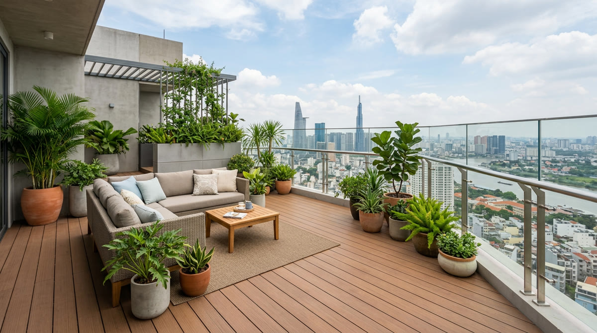 Sàn gỗ nhựa sân thượng: 5 Lưu ý thi công chuẩn đẹp 1 Sân thượng biệt thự lát gỗ nhựa ngoài trời hiện đại sang trọng dưới ánh nắng ban ngày