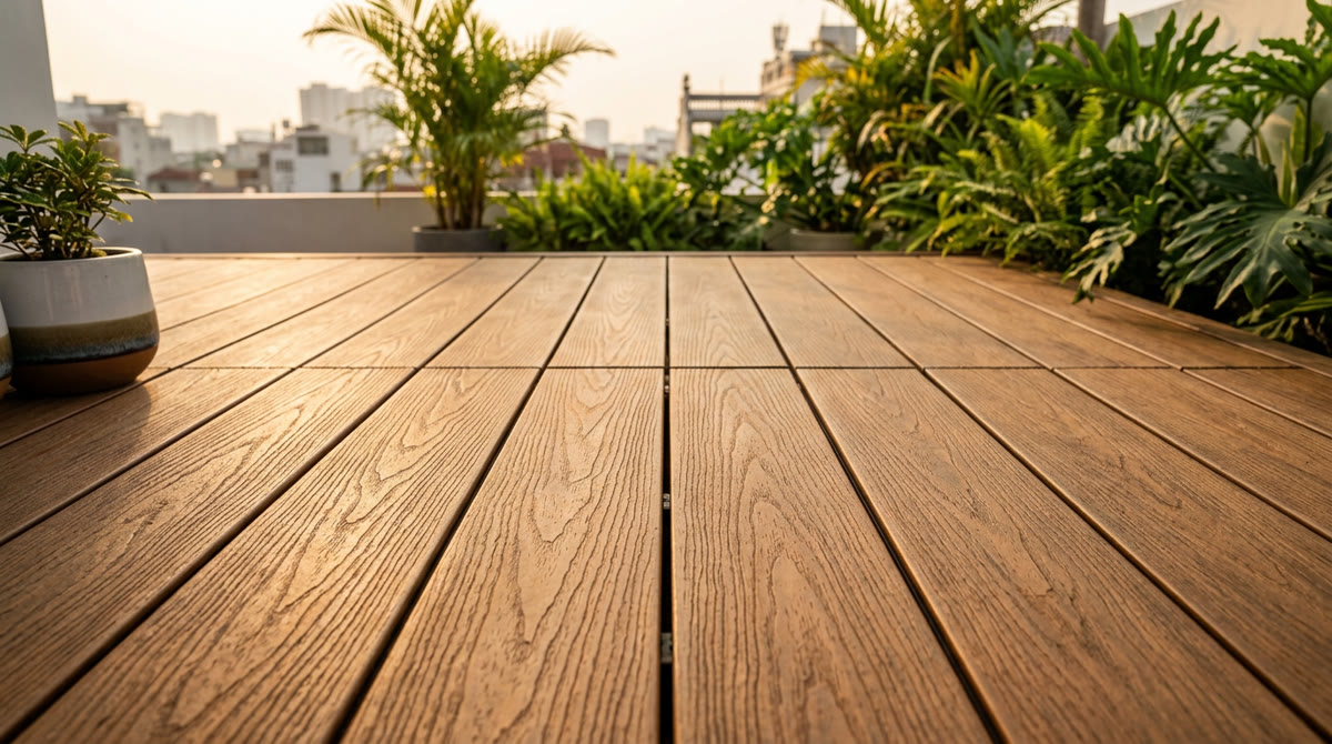 Sàn gỗ nhựa sân thượng: 5 Lưu ý thi công chuẩn đẹp 2 Cận cảnh thi công lắp đặt sàn gỗ nhựa sân thượng với đường rãnh hoàn hảo