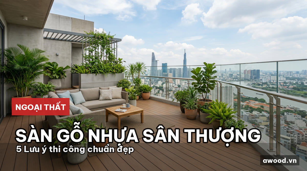 Sân thượng biệt thự lát gỗ nhựa ngoài trời hiện đại sang trọng dưới ánh nắng ban ngày