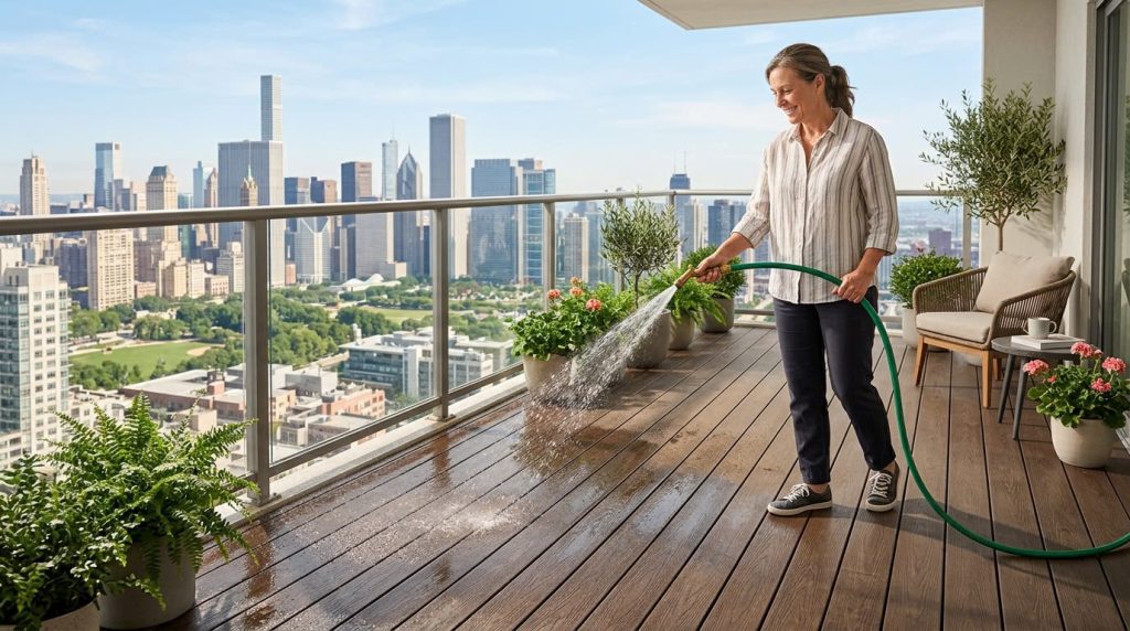 Vệ sinh dễ dàng, chống nước tuyệt đối: Thoải mái xịt rửa mặt sàn gỗ ngoài trời