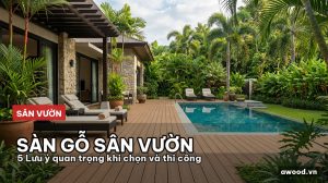 Sân vườn biệt thự hiện đại lát sàn gỗ nhựa composite ngoài trời dưới ánh nắng sớm