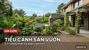 Góc sân vườn biệt thự hiện đại lát sàn gỗ nhựa kết hợp cây xanh và sỏi trang trí dưới ánh nắng tự nhiên